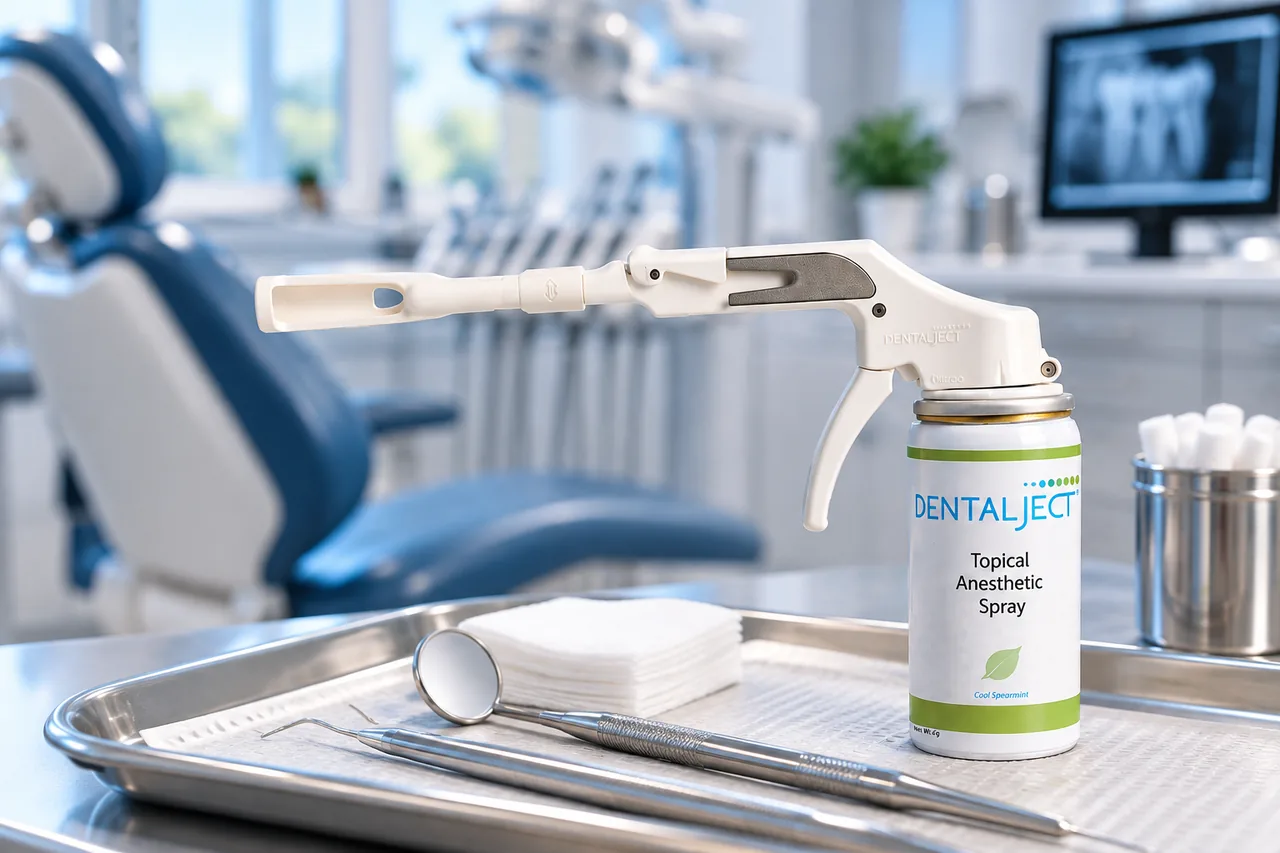 DentalJect topical anesthetic spray and applicator in a dental operatory
